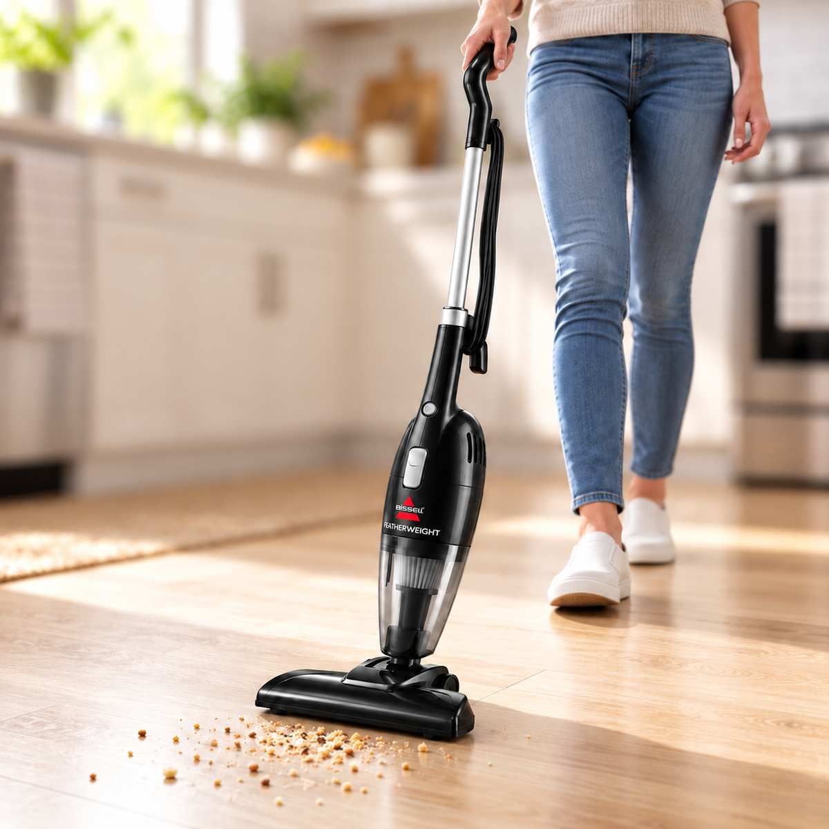 BISSELL FeatherWeight 2033 picking up crumbs on a kitchen floor