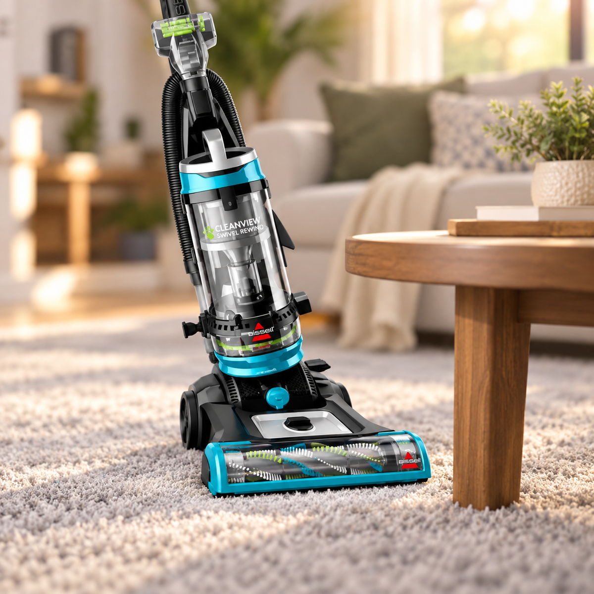 BISSELL CleanView Swivel Rewind Pet Deluxe 22547 steering around a coffee table