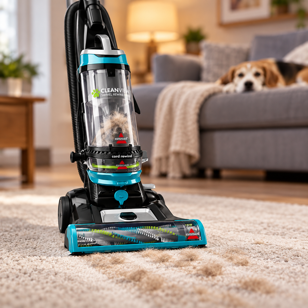 BISSELL CleanView Swivel Rewind Pet Deluxe 22547 on carpet with a dog on the couch