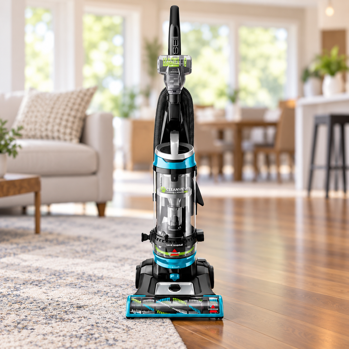 BISSELL CleanView Swivel Rewind Pet Deluxe 22547 in an open-plan living room