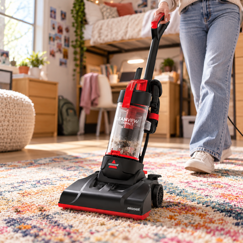 BISSELL CleanView Compact 3508T on a rug in a dorm room