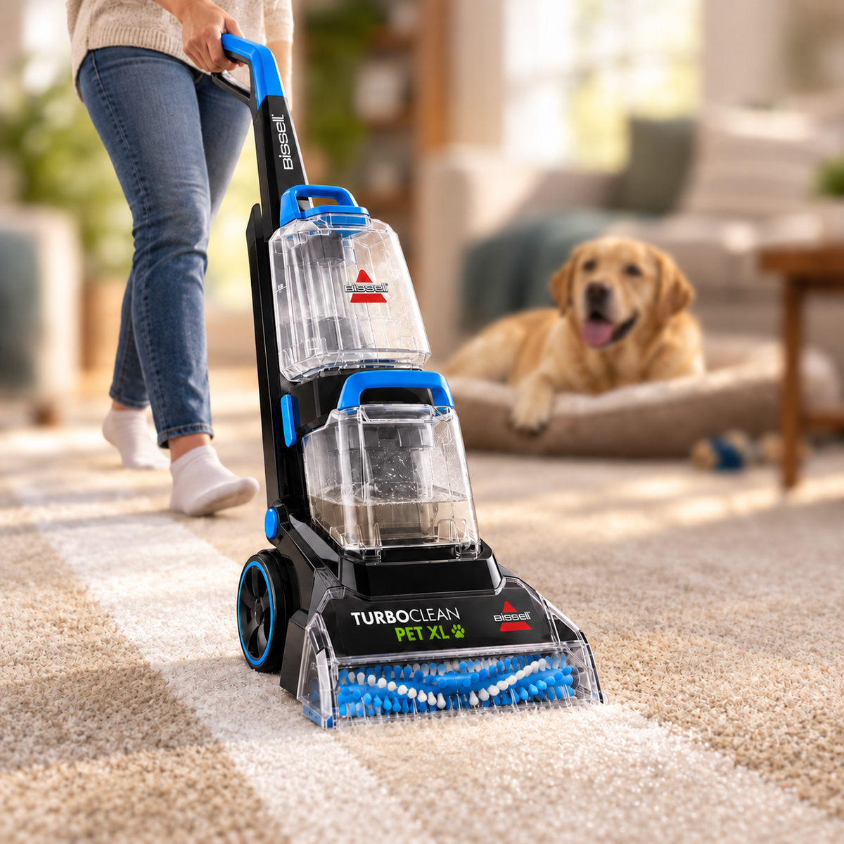 BISSELL TurboClean Pet XL 3746 cleaning carpet with a dog nearby