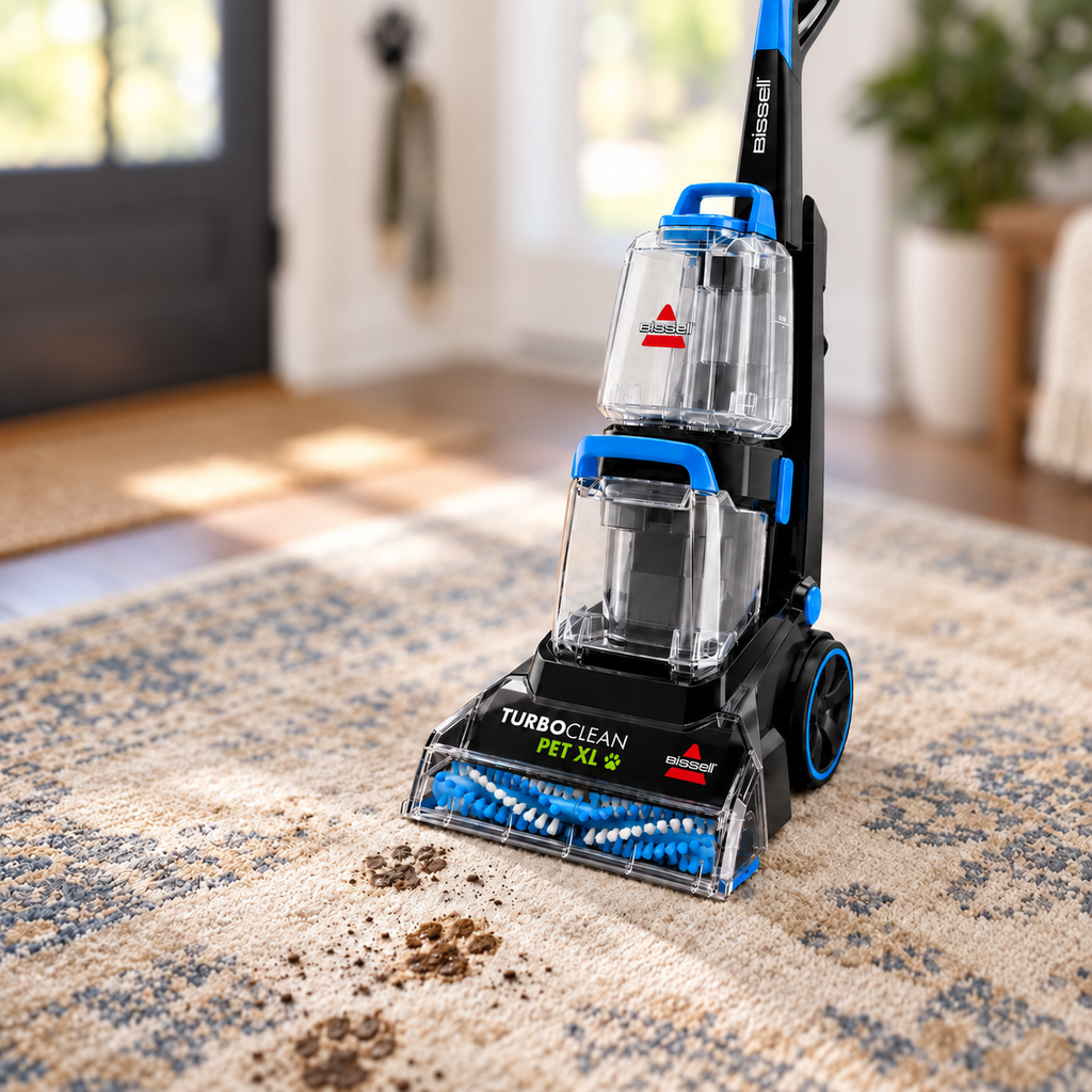 BISSELL TurboClean Pet XL 3746 on a rug with muddy paw prints