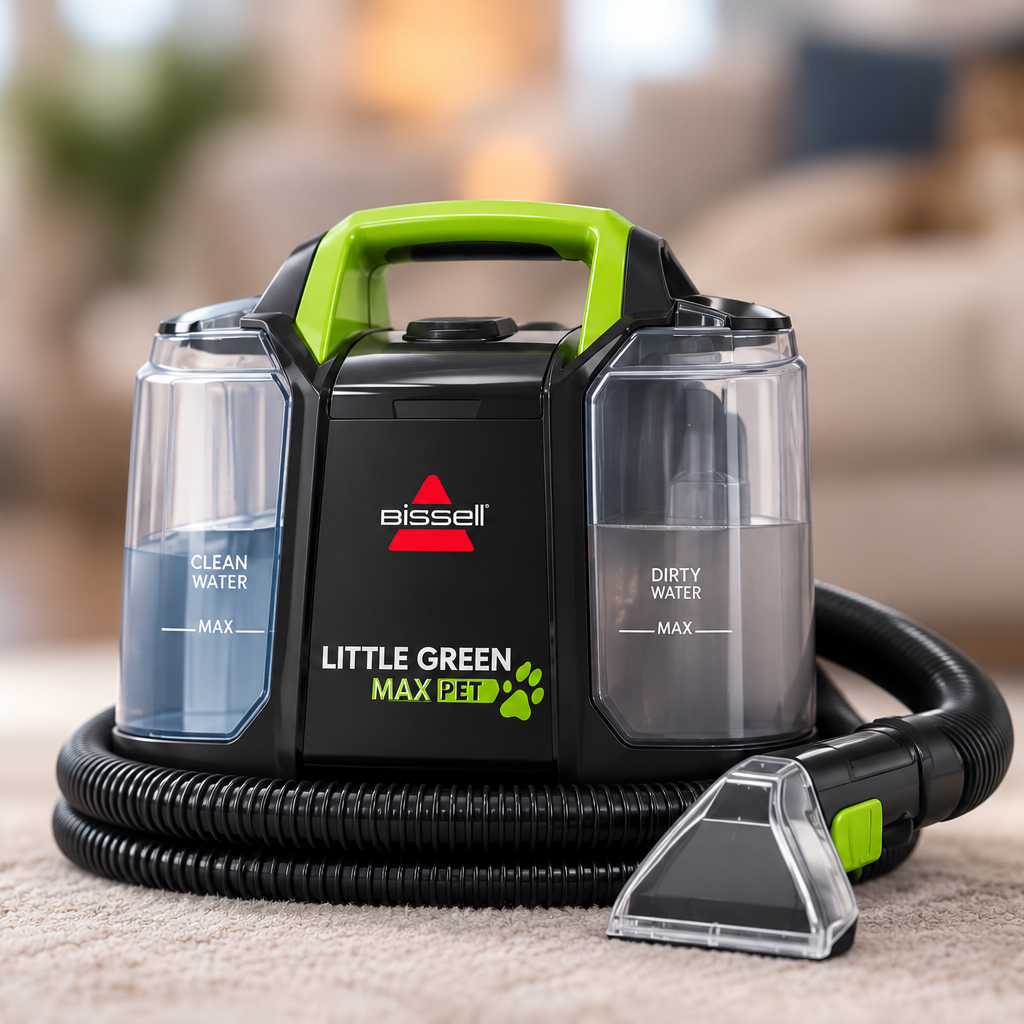 BISSELL Little Green Max Pet 3860 beside a couch with the stain tool on a rug