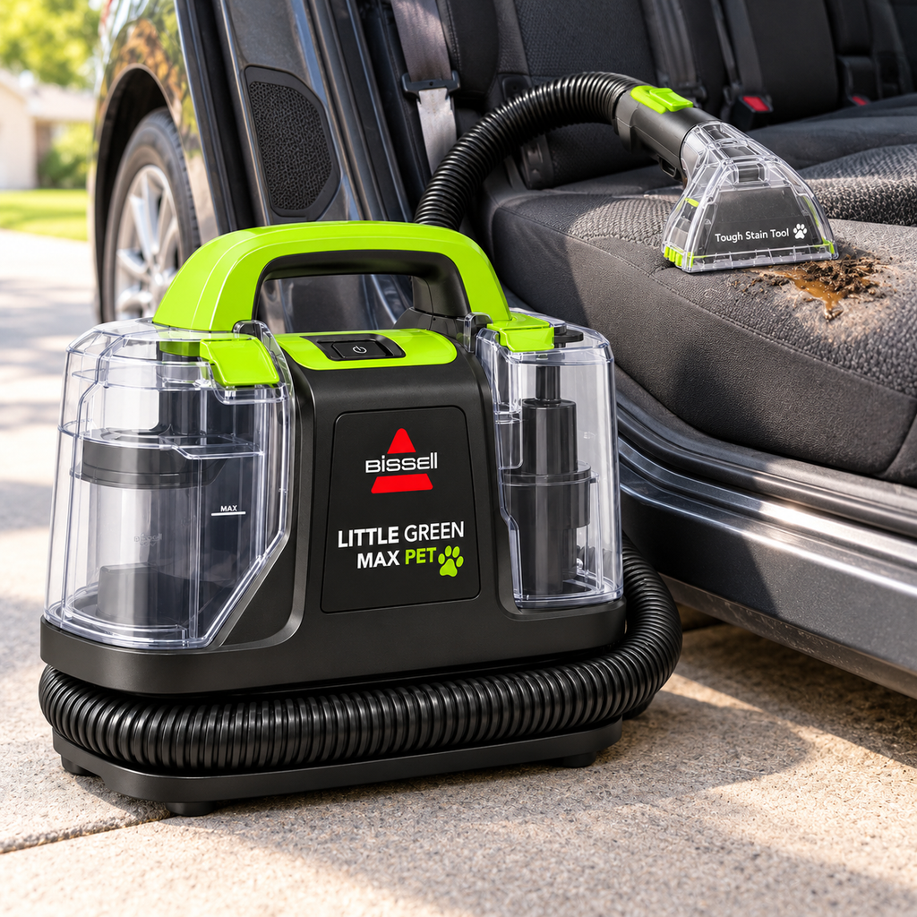 BISSELL Little Green Max Pet 3860 cleaning a car seat