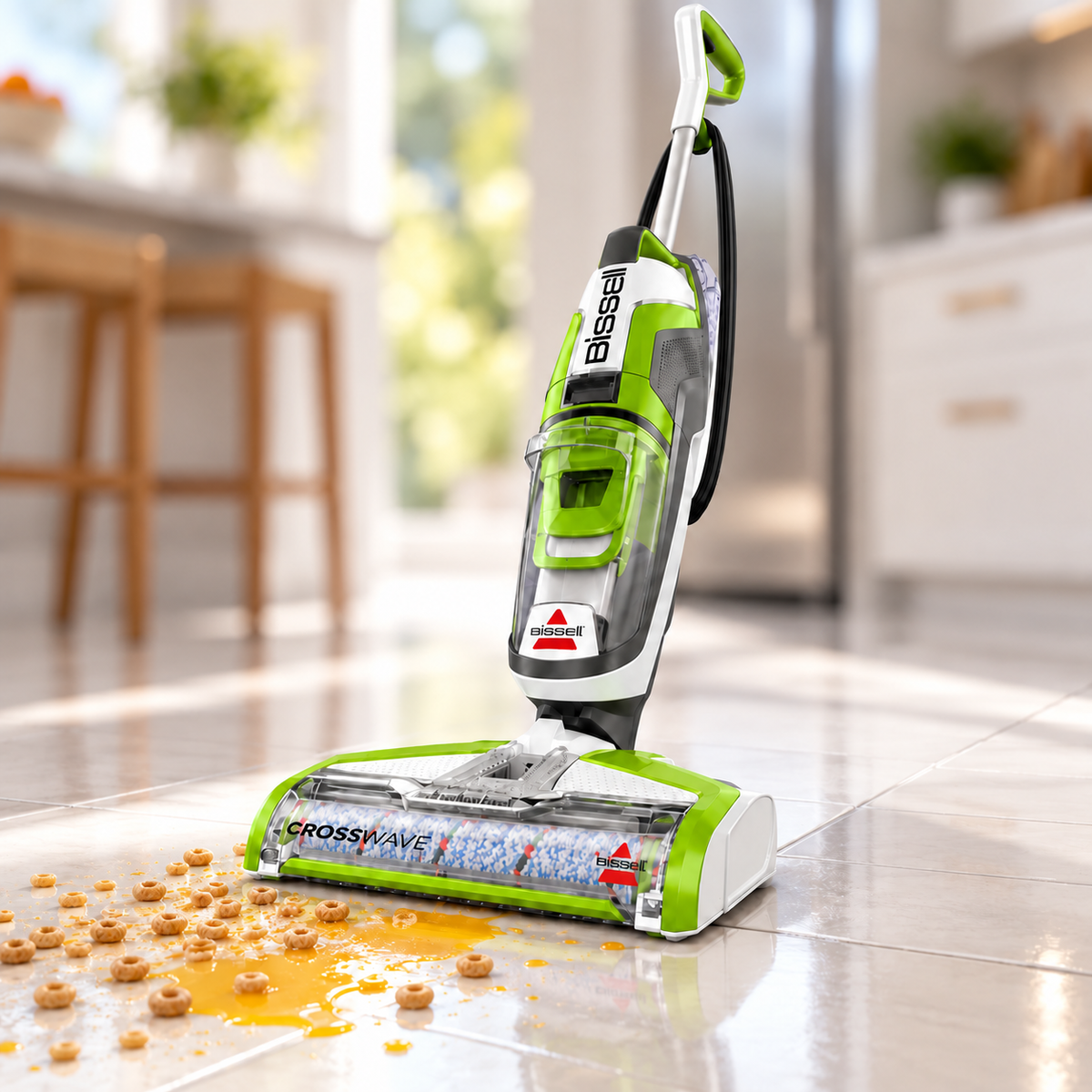 BISSELL CrossWave Turbo 3888A cleaning a cereal and juice spill on tile