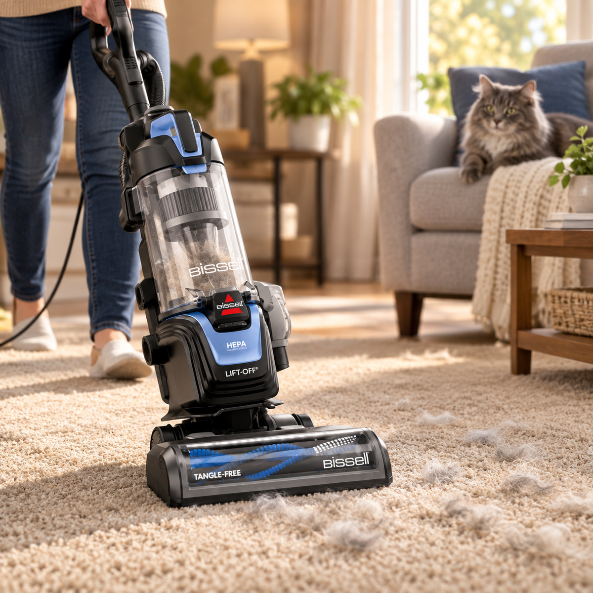 BISSELL Pet Hair Eraser 39883 on carpet with a cat nearby