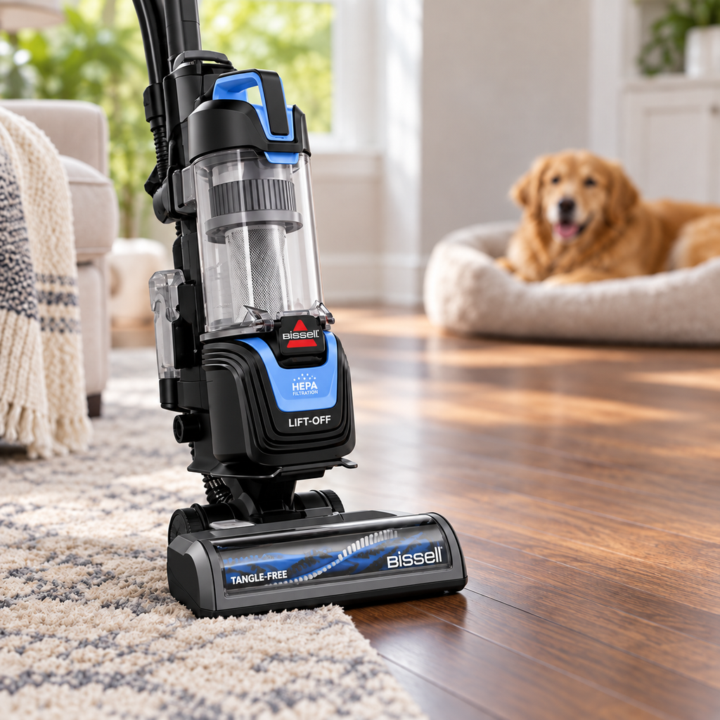 BISSELL Pet Hair Eraser 39883 on a rug next to hardwood with a dog