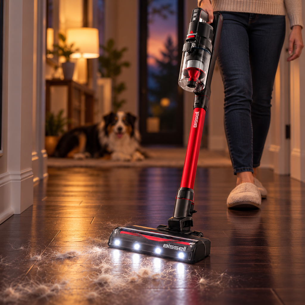 BISSELL PowerClean FurGuard 4137 headlights lighting up pet hair in a hallway