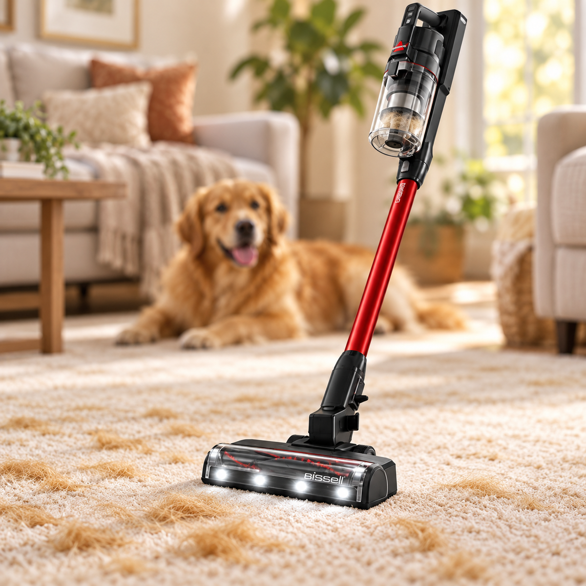 BISSELL PowerClean FurGuard 4137 on a rug with a golden retriever