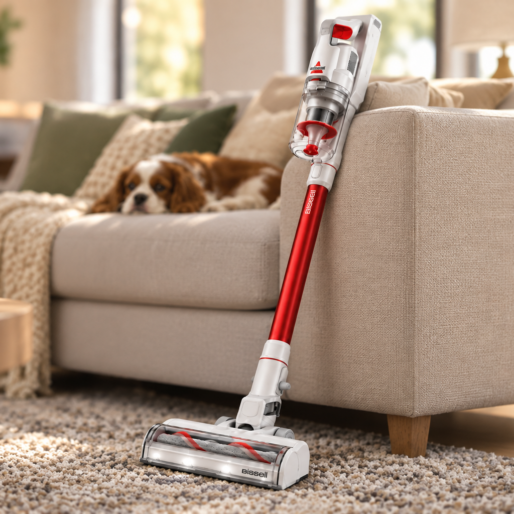 BISSELL PowerClean Swivel Head 4342 in a living room with a dog on the couch